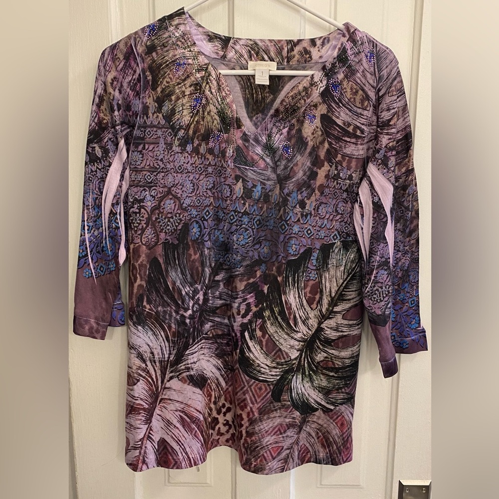 Chico’s Multicolor Embellished Tunic Top 
Size 1 made in USA